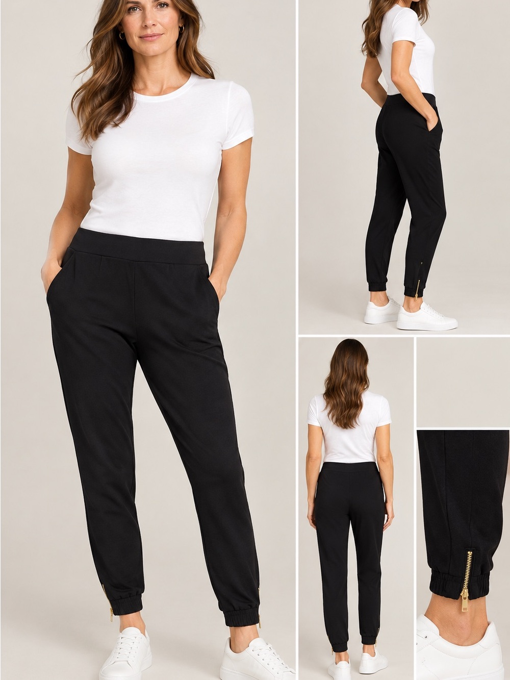 Susan Graver Liquid Knit Black Joggers with Gold Zippers at the Ankle